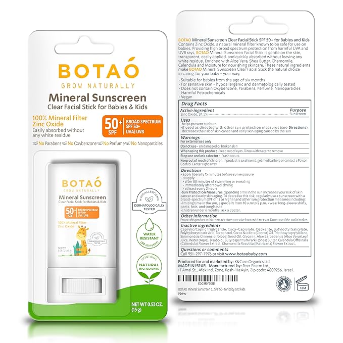 Botao baby Mineral Sunscreen Stick 100% Zinc Oxide SPF 50+ Water Resistant UVA/UVB Protection Easy to Apply Fragrance Free, babies & kids, for sensetive skin, Unscented