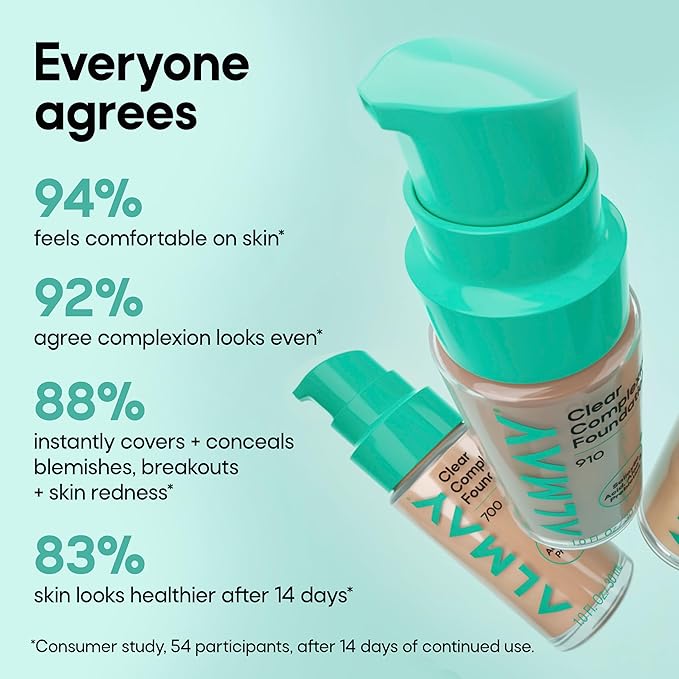Almay Clear Complexion Foundation, Oil-Free Face Makeup for Acne-Prone Skin, Buildable Coverage, Soft-Matte Finish, Vegan, 99, 1 fl oz