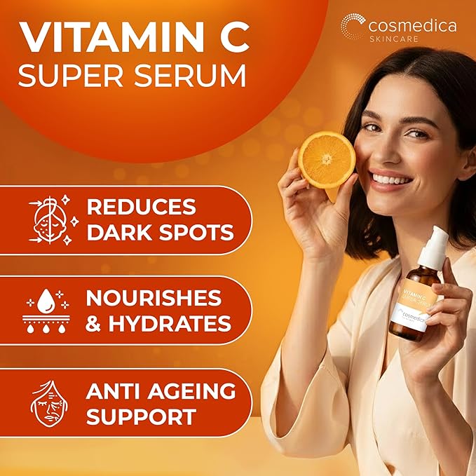 Cosmedica Skincare Vitamin C Serum for Face with Hyaluronic Acid – Anti Aging Serum for Dark Spots, Fine Lines, Wrinkles – Hydrating Collagen Booster for Women & Men
