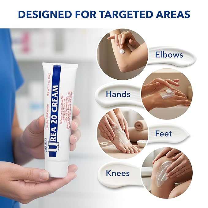 Urea 20% Cream with Vitamin E for Severe Dry, Rough and Scaly Skin, Intense Moisturizer and Gentle Exfoliator for Hands, Feet, Elbows and Knees Inc, 3 oz