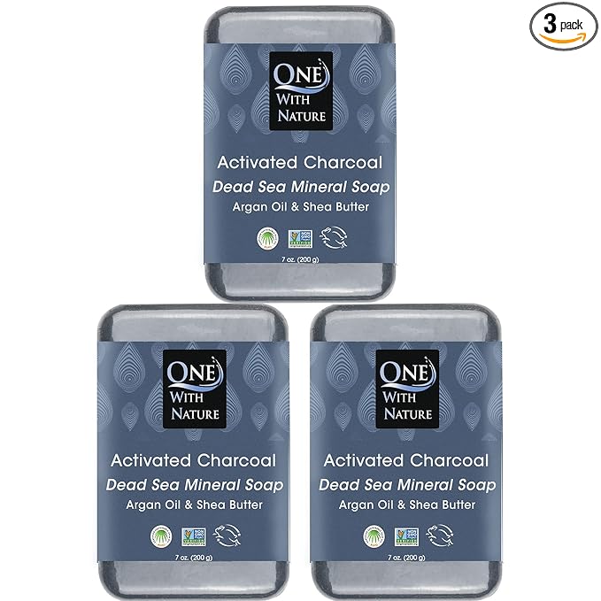 One With Nature Activated Charcoal Soap 7oz 3-Pack – Detoxifying and Exfoliating Charcoal Soap Bar with Dead Sea Salt for Face & Body, for Men & Women