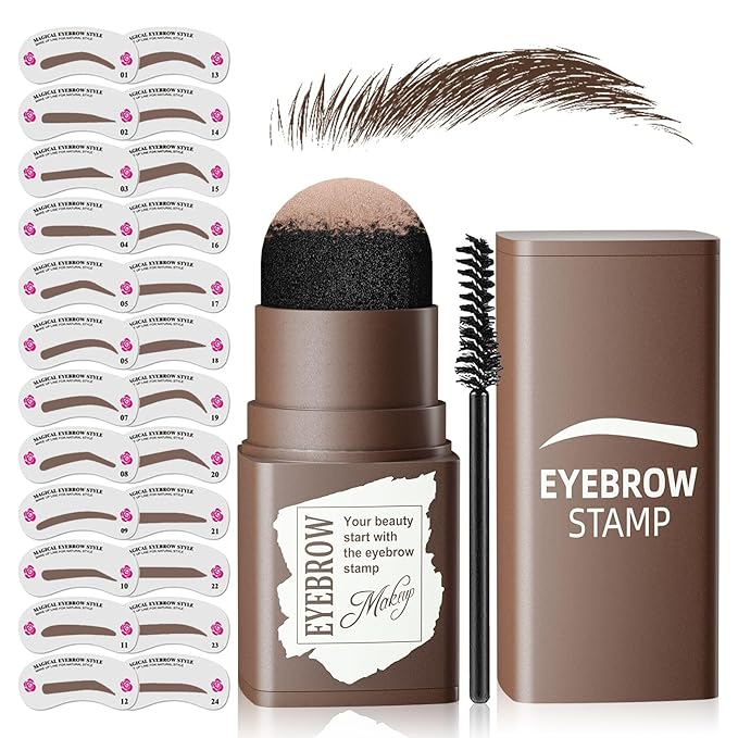 Eyebrow Stamp Stencil Kit - Eyebrow Powder with Brush Long-Lasting & Waterproof Brow Shaping Kit with 24 Reusable Thin & Thick Eyebrow Stencils for Natural Eyebrow Color, Gifts for Mom (Black Brown)