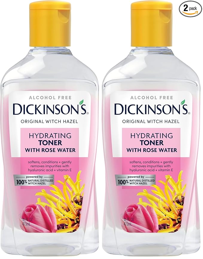 Dickinson's Enhanced Witch Hazel Hydrating Toner with Rosewater, Alcohol Free, 98% Natural Formula, 16 Fl Oz (Pack of 2)