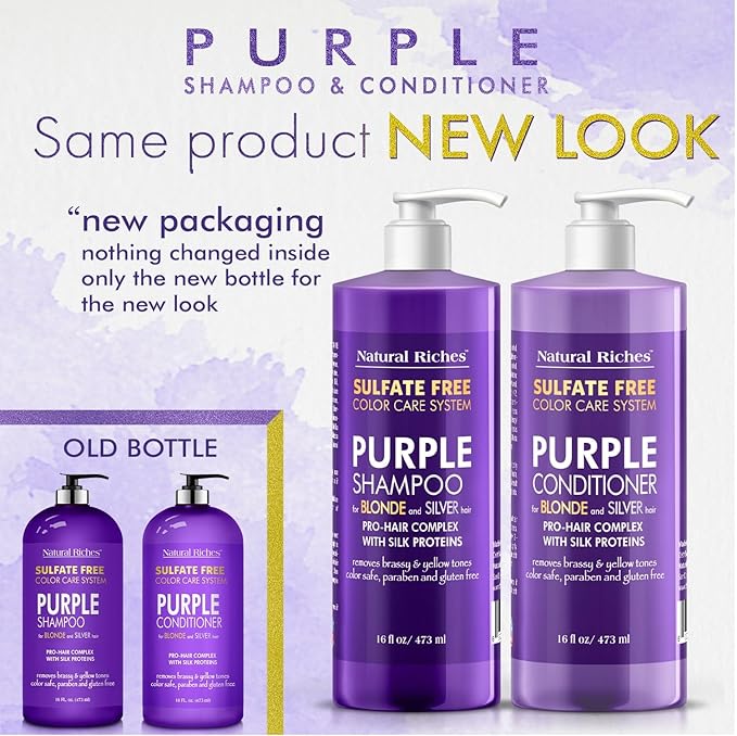 Natural Riches Purple Shampoo and Conditioner Set for Blonde, Silver & Gray Hair – Sulfate-Free, Color-Safe, Removes Brassy & Yellow Tones for Natural, Highlighted, and Bleached Hair – 16x2 fl oz