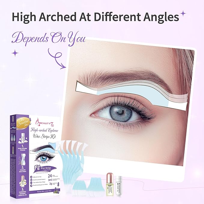 Beauty7 Sensitive High Arched Eyebrow Wax Strips, Eyebrow Waxing Strip 24 Strips with Pearl Powder Essential Oil for Sensitive Skin for Women