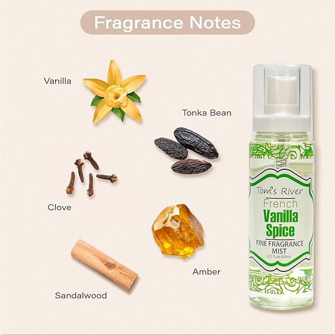Tom's River Fine Fragrance Body & Hair Mist | Vanilla Spice Scented (Pack of 3) | For Daily Use | Travel-Friendly | 2 fl oz/ 60ml per Bottle (Pack of 3, Vanilla Spice)