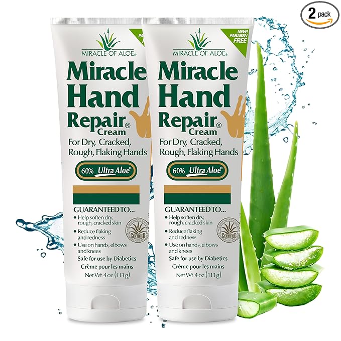 Miracle Hand Repair Cream for Dry Cracked Hands 4 oz Best Healing Hand Cream with 60% Aloe Vera - Non-Greasy Moisturizer for Working Hands - Fast Absorbing Lotion for Extremely Dry Skin (2-Pack)