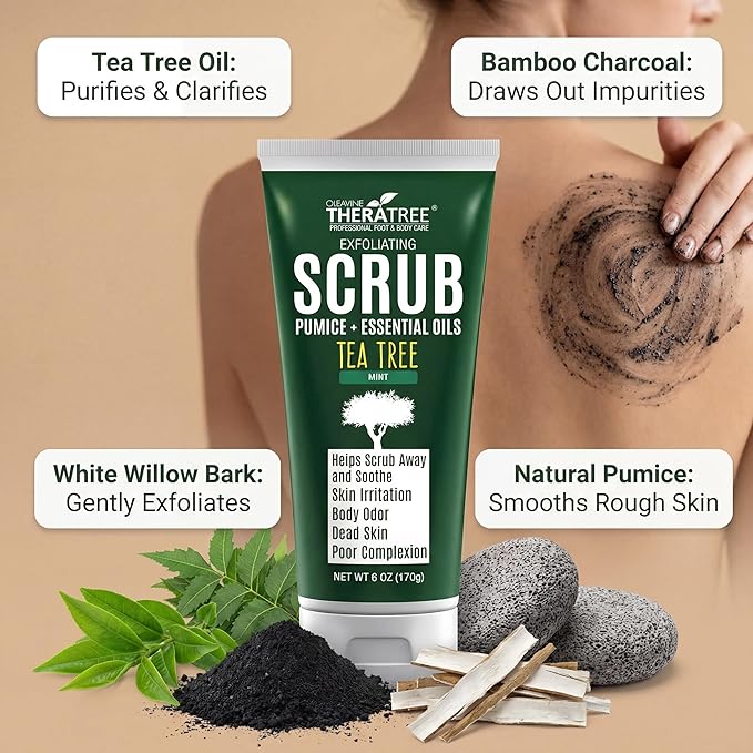 TheraTree Tea Tree Oil Exfoliating Body Scrub - Deep Cleansing Foot & Body Charcoal Scrub with Peppermint, Spearmint & Neem - Soothing Exfoliator for Healthy-Looking Skin, 6 oz