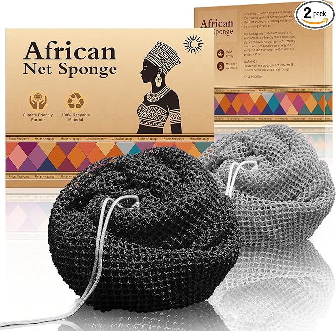 Authentic African Net Sponge - 2 Pieces Deep Clean Exfoliating Sponge - Soft Weave for Gentle Exfoliation, All-Skin-Type Shower Accessory (Black Gray)