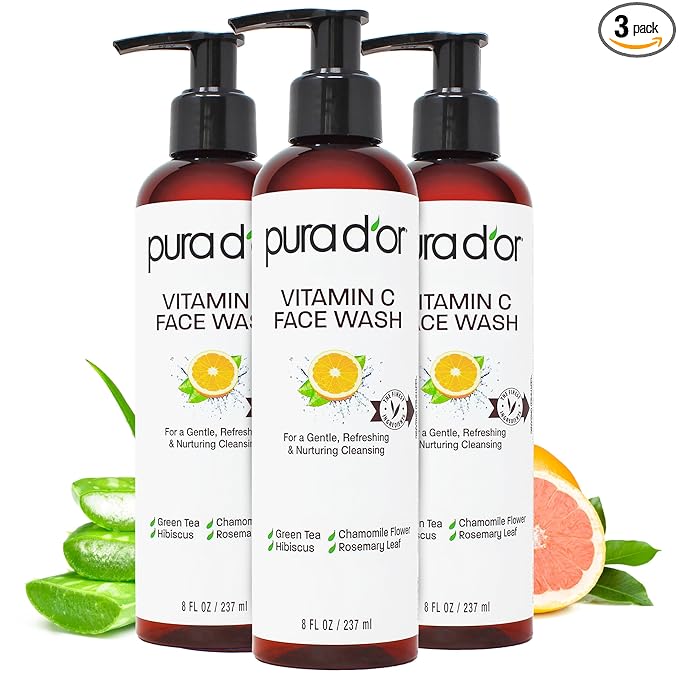 PURA D'OR Vitamin C Face Wash (8oz x3 = 24oz) Antioxidant Rich Facial Cleanser For Radiant Glow & Even Skin Tone - Gentle, Refreshing, Nurturing, Hydrating, Sulfate & Paraben Free Formula