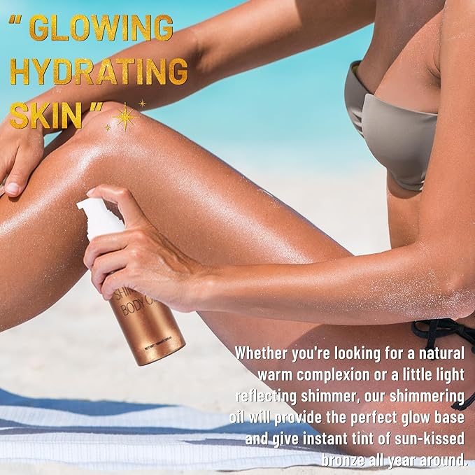 UCANBE Body Shimmer Oil 100ml, Moisturizing Body Glow Glitter Oil, Waterproof Shimmering Luminizer Liquid Illuminator Highlighter, Tinted Shimmer Lotion Glowing Bronzer Makeup(Golden Brown)