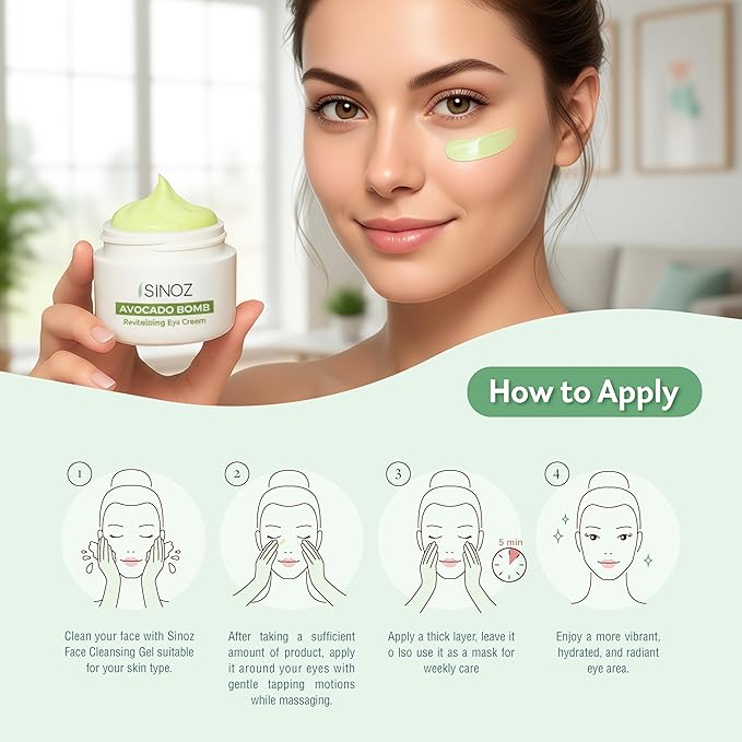 sinoz Hydrating Eye Cream with Avocado Oil, Caffeine & Peptides, 15 ml - Avocado Eye Cream, Dark Circles Eye Cream for Puffiness & Dry Under Eyes, Day and Night Skincare for Women