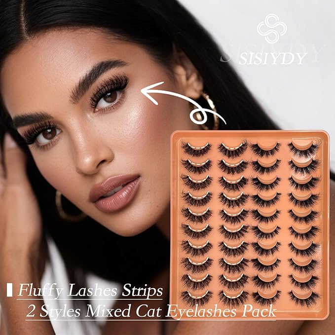 Fluffy Lashes Wispy Mink False Eyelashes Cat Eye Look Faux Mink Full Lashes Strips Dramatic 18mm D Curl Fox Eyelashes Multipack Pack 2 Styles Mixed YH307