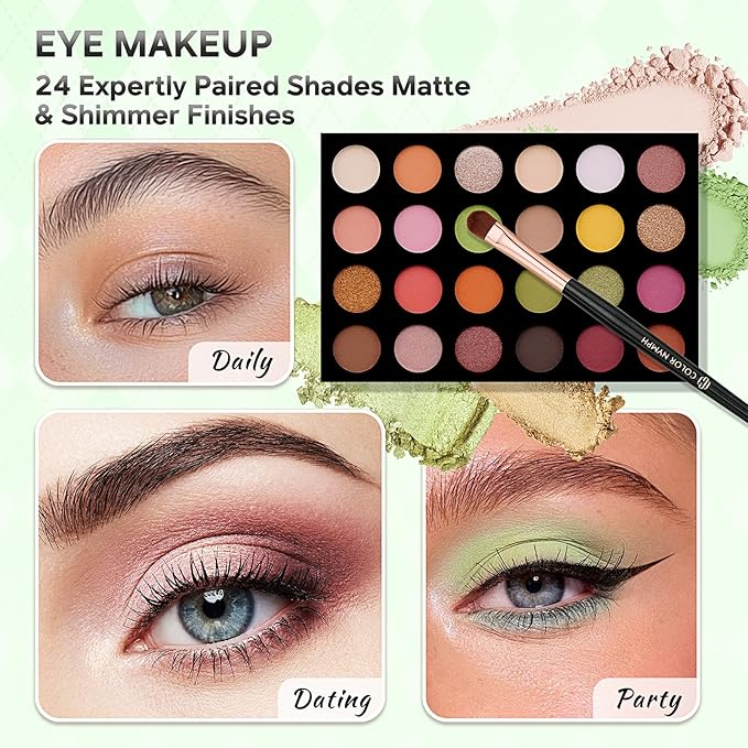 Color Nymph Beginner Makeup Kit For Teens With The Small Cosmetic Train Case Included 24-Colors Eyeshadow Palette Blushes Bronzer Highlighter Lipstick Brushes Mirror(Green)