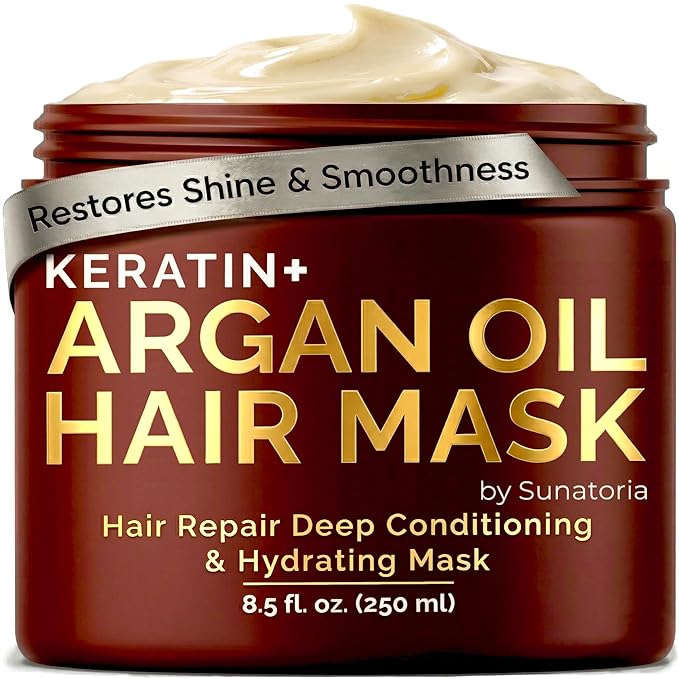 SUNATORIA Argan Oil Hair Mask with Keratin for Dry, Dull, Frizzy Hair - Deep Conditioning Mask for Softness, Smoothness & Shine, 8.5 Fl Oz