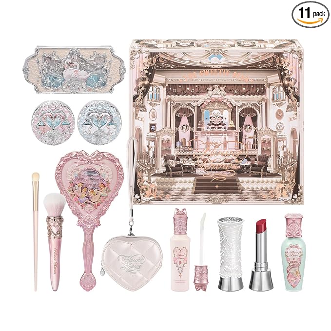 Flower Knows Swan Serenade 11-Piece Makeup Gift Box Set,Includes Makeup Palette,Blush,Highlighter,Lip Gloss,Hand Mirror,Bag Charm,Brush*2,Gift Box,Perfect Anniversary Valentine,Make Up Gift