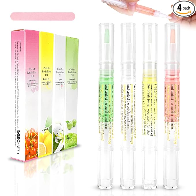 Meschett 4PCS Cuticle Oil Pens with Nail File for Nail Care, Nail Pen Oil with Natural Ingredients, Fingernails and Toenails Oil Cuticle for Repairing Cracked(Mix Flavors)