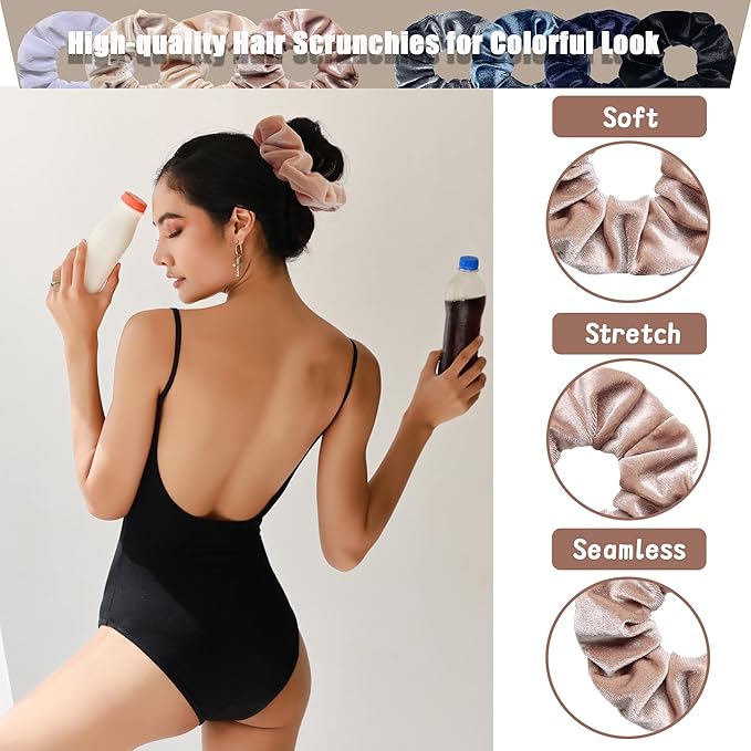 12 Pcs Scrunchies for Women, Velvet Scrunchies for Hair, Soft Hair Ties for Ponytail Holder, Cute Elastic Hair Bands for Girls(Vintage Brown)