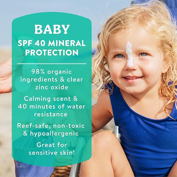 Badger Mineral Baby Sunscreen Cream SPF 40, 98% Organic Toddler Sunscreen with Zinc Oxide, Broad Spectrum, Reef Safe, Water Resistant, Pediatrician Tested Baby Sunblock for Sensitive Skin, 2.9 fl oz