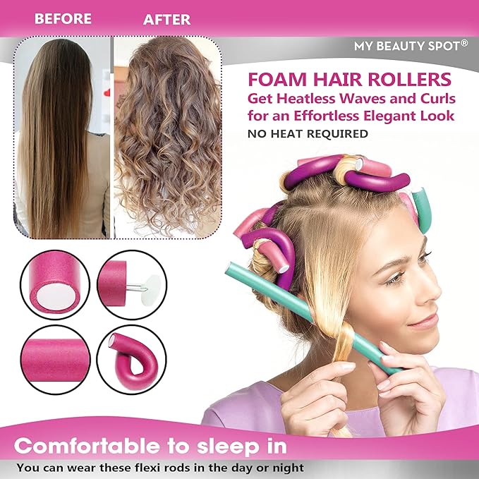 My Beauty Spot Flexi Rods Foam Hair Rollers 5/8" Diameter Professional Salon Quality 12 Pcs Rubber Hair Rollers for Long, Medium and Short Hair (Pink)