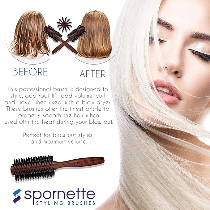 Spornette Deville Boar Bristle Round Brush for Women - Round Hair Brush for Blow Drying, Curling & Styling - Adds Shine, Volume & Lift to All Hair Types (2 Inch)