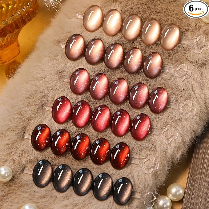 BORN PRETTY Cat Magnetic Eye Gel Nail Polish,Jelly Glass Crystal Brown Burgundy Wine Bloody Red Black Magnetic Gel Polish,Fall Winter Glitter Soak Off Nail Polish Art Salon Manicure Home Gift 7ML 6pcs