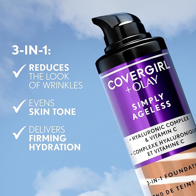 COVERGIRL & Olay Simply Ageless 3-in-1 Liquid Foundation, Matte Finish, Hyaluronic & Vitamin C Formula, 257 Golden Tan, 1 Count