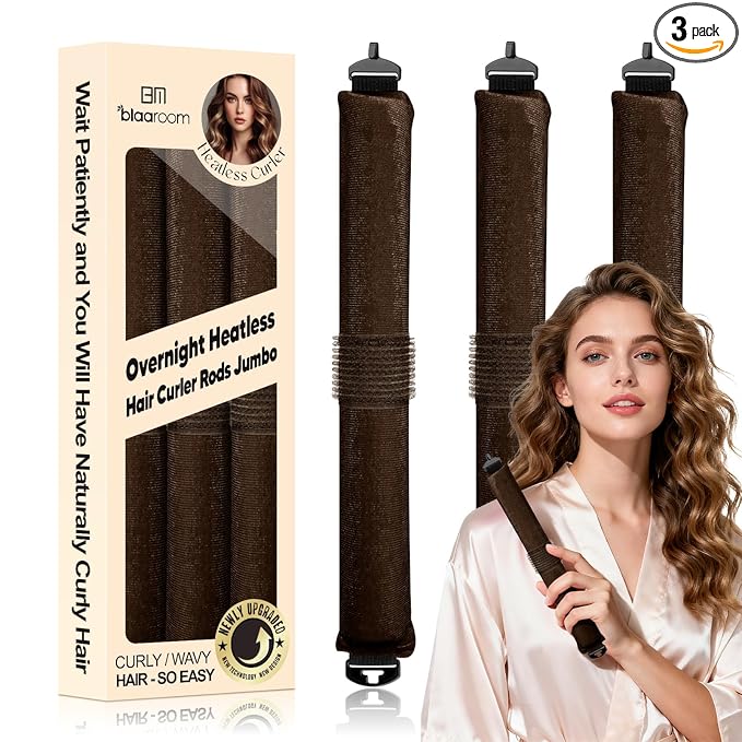 Overnight Heatless Hair Curler Satin Jumbo Flexi Overnight Curls Blowout Rods 3pcs No-Heat Styling Tools Curling Rod To Sleep In for All Hair Types - Brown