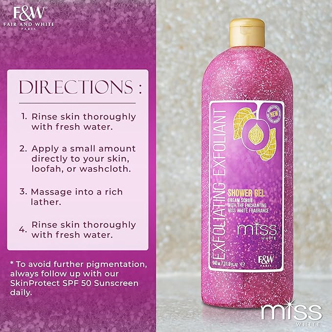 FAIR & WHITE Miss White Exfoliating Shower Gel 940ml/31.8 Fl Oz - Formulated to Exfoliate Skin, with Pomegranate and Glycerin