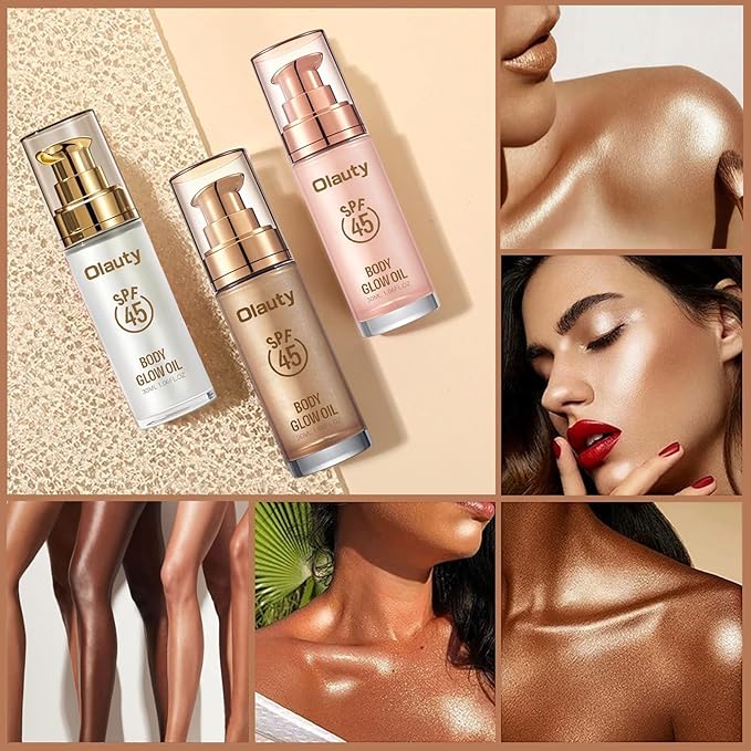 Shimmer Oil, SPF 45 Sunscreen Body Makeup Waterproof No Transfer Body Luminizer Lotion Glow for Women, Liquid Illuminator Bronzer for Body & Face, Long-lasting (Glistening Bronze)