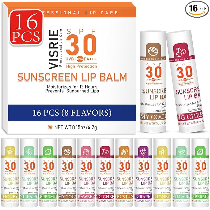 VISRIE SPF 30 Lip Sunscreen, SPF Lip Balm Travel Size 16 Pack, Hydrating Lip Balm Bulk with Vitamin E and Coconut Oil- 8 Flavors