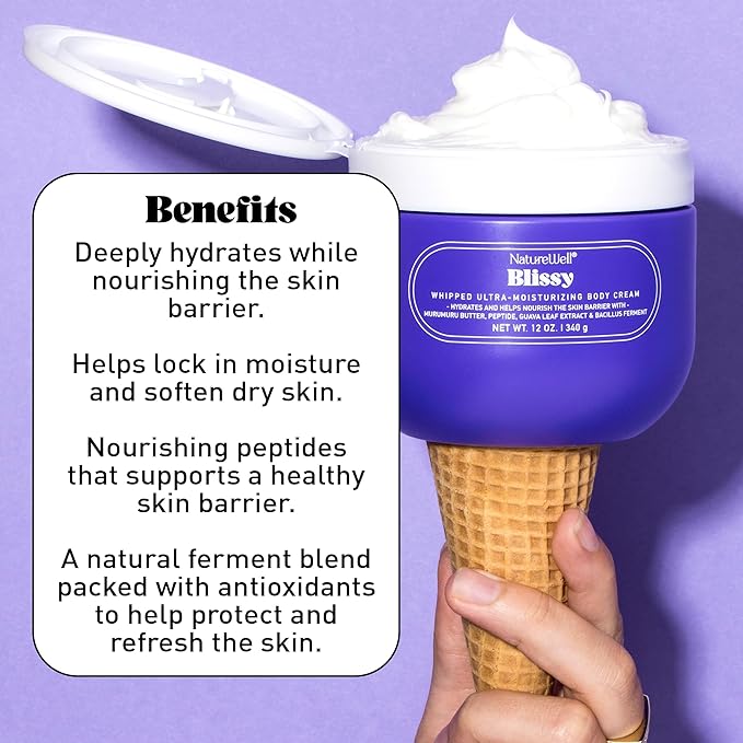NATURE WELL Blissy Whipped Body Cream, Rich & Ultra-Moisturizing, Quick-Absorbing Formula for Daily Use, Enriched with Antioxidants, Hydrate & Nourishes Skin Barrier, Vanilla & Sandalwood Scent, 12 Oz