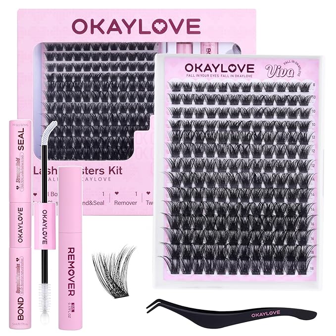 OKAYLOVE Fluffy Lash Clusters, VIVA 8-18mm DIY Volume Cluster Eyelash Extensions Kit, 168pcs Black Cotton Band Individual Lashes with Lash Bond and Seal, Remover, Lash Tweezers