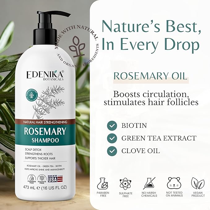 Edenika Botanicals Rosemary Oil Shampoo with Biotin for Thinning Hair & Anti-Hair Loss, Strengthening Botanical Formula, Women & Men, Sulfate-Free, Organic, 16 fl oz