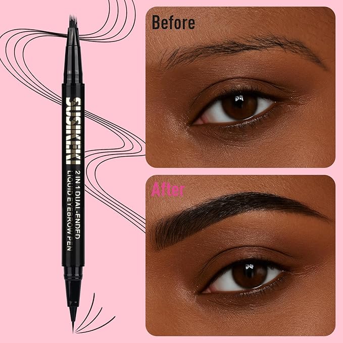 SUSIKEKI Dual Ended Microblading Eyebrow Pen - 2 in 1 Liquid Eyebrow Pencil with Brow-Fection Angled Brush & Precise Detail Brush-Tip, Shapes & Fills HairLike Looking Brows, Lasts All-Day, Soft Black