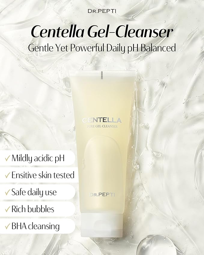 dr.pepti Centella BHA Gel Cleanser – Low pH 5.5, Irritation Score 0.00 – Gel-to-Foam Face Wash for Pores & Sensitive Skin, Non-Stripping, Salicylic Acid & Peptides, 6.76 fl oz