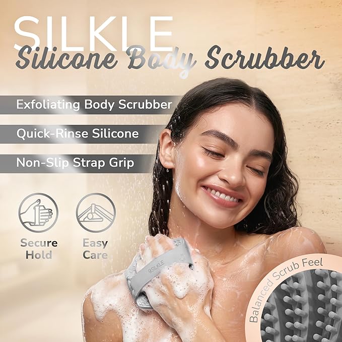 SILKLE Silicone Body Scrubber – Gentle Exfoliating Shower Scrubber for Body & Bath, Silicone Shower Brush & Loofah Alternative – Non-Slip Silicone Body Brush, Quick Dry, Hygienic - Gray