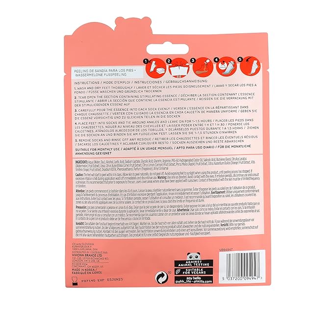 Oh K! Foot Peel Mask - Watermelon - Foot Peeling Mask for Dry Feet and Cracked Heels - Feet Exfoliant with Pomegranate and Coconut Oil - 1 Pair (Pack of 2)