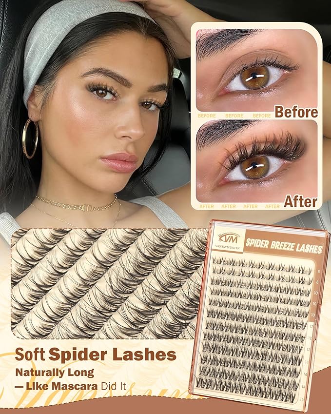 Spider Breeze Lash Clusters, Wispy Natural Eyelash Clusters D Curly Lashes Cluster Venus 8-16mm Cluster Eyelash Extensions Reusable Individual Lashes with Invisible Band for DIY at Home Vanssymunlin