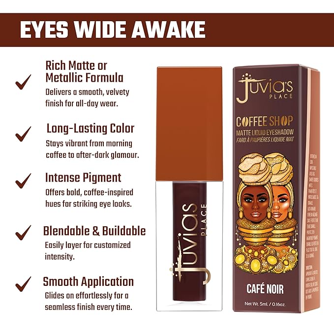 Juvia's Place Coffee Shop Liquid Eyeshadow Cafe Noir - Matte Finish for Rich, Long-Lasting Color, Waterproof, and Smooth Texture - Buildable and Vibrant - Ideal for All Skin Tones, 0.08 fl oz