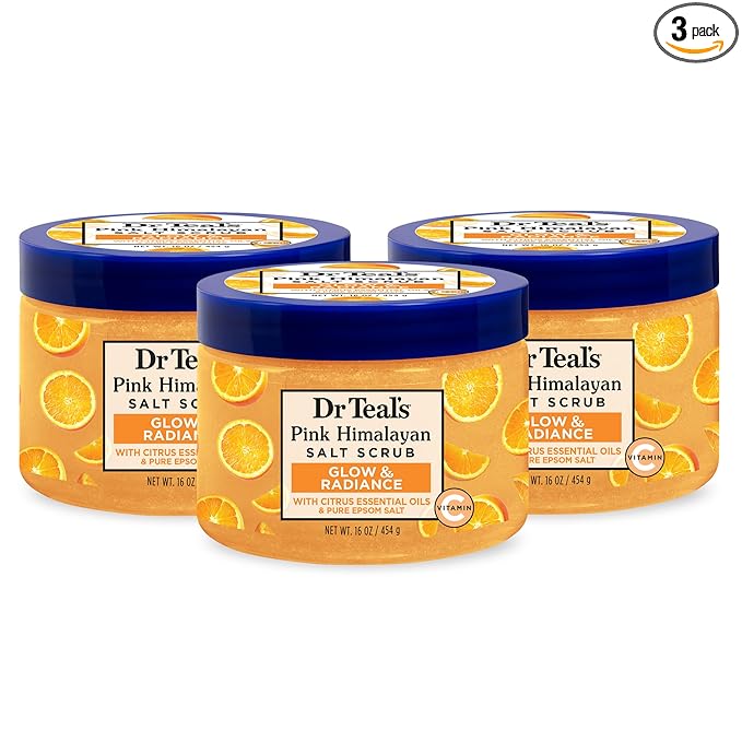 Dr Teal's Pink Himalayan Salt Body Scrub, Glow & Radiance with Pure Epsom Salt & Citrus Essential Oils 16 oz (Pack of 3)