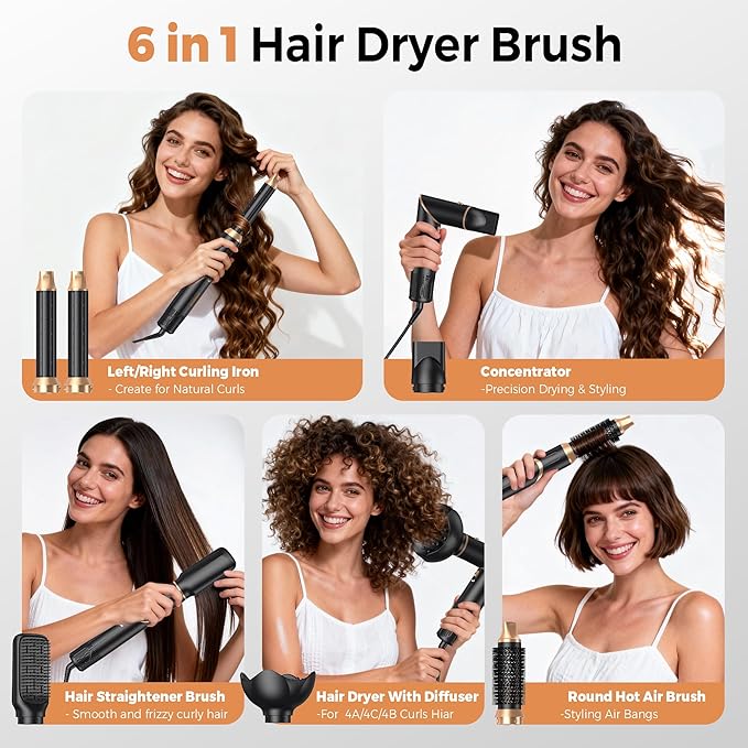 6 in 1 Air Styler & Hair Dryer Brush Set，Foldable Professional Negative Ionic Hair Styling Tools with Diffuser,Detachable Blow Dryer Brush with Auto Wrap Curlers,Hot Air Brush for All Hair Types.