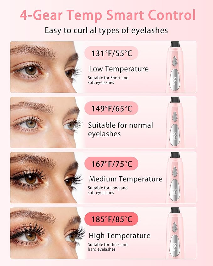 Heated Eyelash Curler for Women - 10s Fast Heating, 4 Adjustable Temp (131℉ - 185℉), LED Display, 24H Long-Lasting Curling Eye Lash Curler, Ergonomic Design, Travel-Friendly Makeup Tool Gift, Pink