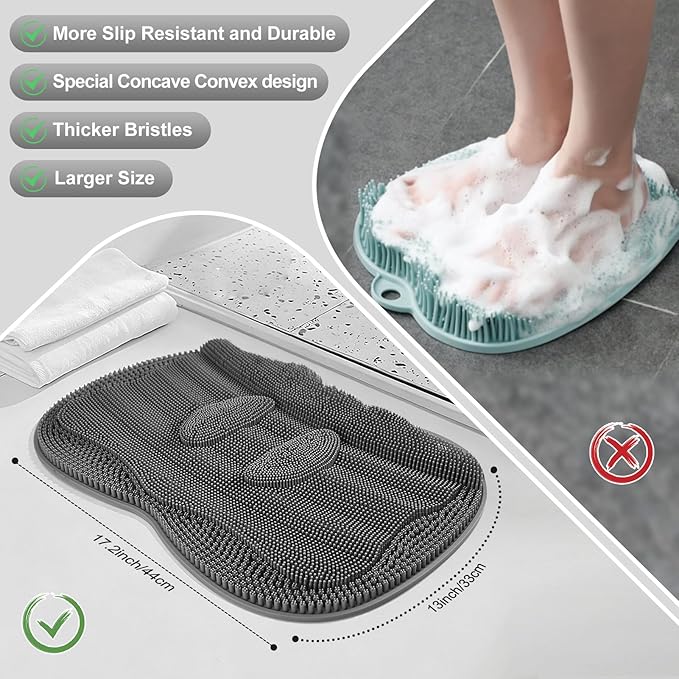 Bath Shower Foot Scrubber Mat - Silicone Shower Foot Scrubber Mat (XL) Cleaner Foot Toes Clean Pad Without Bending Non-Slip Suction Cups Bathroom mat 17.2 * 13 inch - Dark Grey