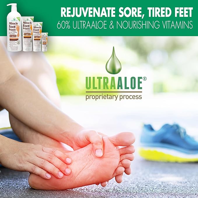 Miracle Foot Repair Cream (8 oz) Repairs Dry Cracked Heels and Feet, 60% Pure UltraAloe Moisturizes, Softens, and Repairs
