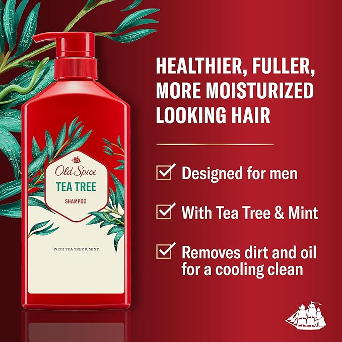 Old Spice Mens Tea Tree Shampoo, For All Hair Types, Healthier, Fuller, More Moisturized Looking Hair, 21.9 fl oz Each, Twin Pack