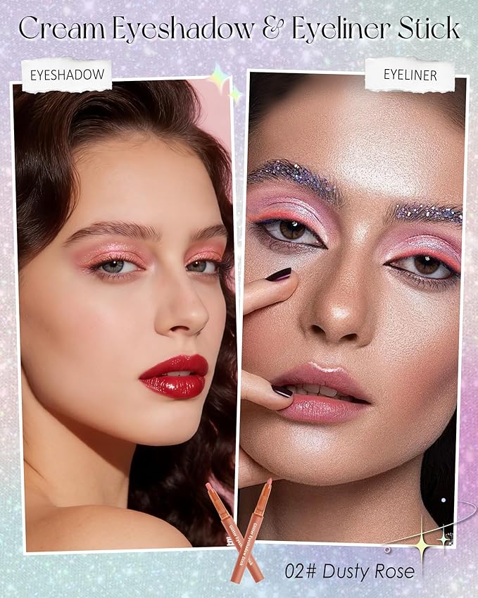 Dusty Rose Glitter Eyeshadow & Eyeliner Stick 2 in 1, Metallic Shimmer Eyeshadow Stick, Twist-Up Built in a Sharpener Eyeliner Pen, Waterproof Creamy Eye liner Makeup for Women Christmas-02 Dusty Rose