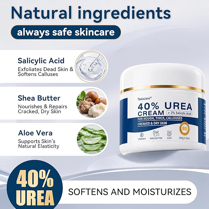 40% Urea Cream with 2% Salicylic Acid, Maximum Strength Foot Hand Cream, Intensive Repair Moisturizer for Dry Cracked Heels Knees Elbows, Exfoliating Callus Remover for Rough Thick Skin