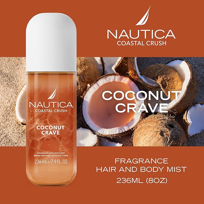 Nautica Coconut Crave, a Fruity Gourmand Hair & Body Mist for Women, Notes of Coconut, Apple and Cedarwood, Long Lasting, 8.0 fl oz