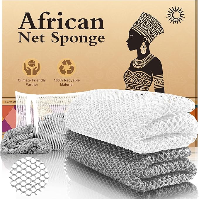 Authentic African Net Sponge (2PCS) - Exfoliating Bath Tool, Face/Body Exfoliator, Travel Compact, Long-Lasting & Hypoallergenic(White,Grey)